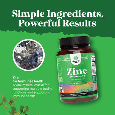 Natures Craft Zinc 50mg Immune Support Supplement - Zinc Complex Supplement for Immune System and Zinc Supplement to Enhance Hair Skin and Nails Vitamins - Easy to Swallow Potent Daily Zinc Tablets for Adults