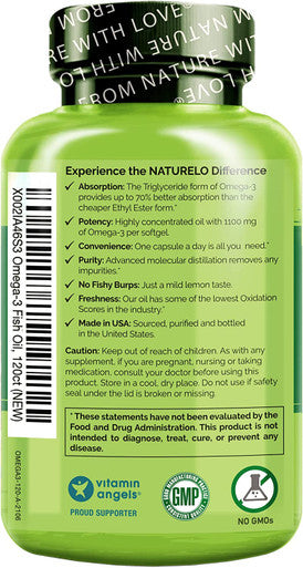 NATURELO Omega-3 Fish Oil Supplement - EPA + DHA - 1100 mg Triglyceride Omega-3 per Gel - One A Day - for Heart, Eye, Brain, Joint Health - No Burps - Lemon Flavor - 120 Softgels | 4 Month Supply