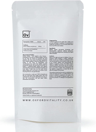 Caffeine 100mg Tablets | Supplements for Weight Loss and Pre-Workout Energy | Oxford Vitality (365)