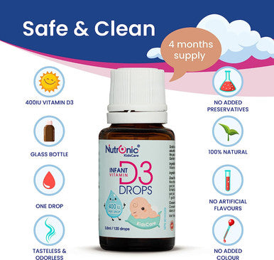 Vitamin D Drops for Babies and Infants with MCT oil, Easy to Use, Premium Quality, Liquid Supplement for Easy Absorption, 120 Days Supply, Nutronic