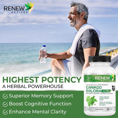 Renew Actives Ginkgo Biloba Brain Supplement With Red Panax Ginseng Extract, 50:1 Ratio For Max Performance - Supports Cognitive Function & Memory - 60 Capsules