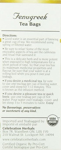 Organic Fenugreek Seed Tea 24 Bags By Celebration Herbals