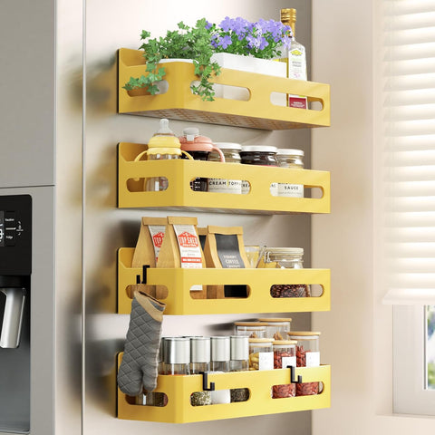 4-Pack Magnetic Spice Rack for Refrigerator with Hooks, Pink | Strong multipurpose magnetic shelf for kitchen & bathroom organization. Includes 4 removable hooks for hanging items.