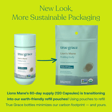 True Grace Mushroom Lion's Mane Brain Nerve & Cognitive Support - 120 Count Capsules - Organic