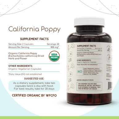 California Poppy Usda Organic 120 Capsules | Certified Organic Vegetarian Capsules And Organic California Poppy (Eschscholzia Cal