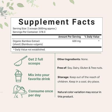 Micro Ingredients Organic Bamboo Extract Powder 8 Ounce (1 Year Supply) Rich in Silica and Minerals Supports Healthy Skin Nail Hair Joints and Bones Non-GMO and Vegan Friendly