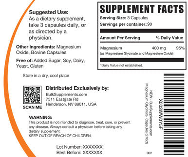 Bulksupplements.Com Magnesium Glycinate Capsules - Magnesium Bisglycinate Capsules, Magnesium Supplement, Magnesium Glycinate 400Mg - 3 Capsules Per Serving, 90-Day Supply, 270 Capsules