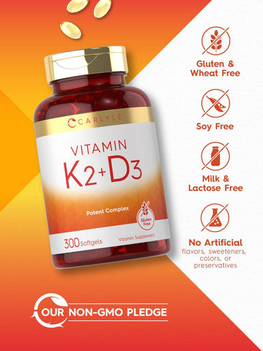 Carlyle Vitamin K2 And D3 Supplement 300 Softgels 200Mcg K2 Mk7 & 10,000 Iu D3 Non-Gmo, Gluten Free