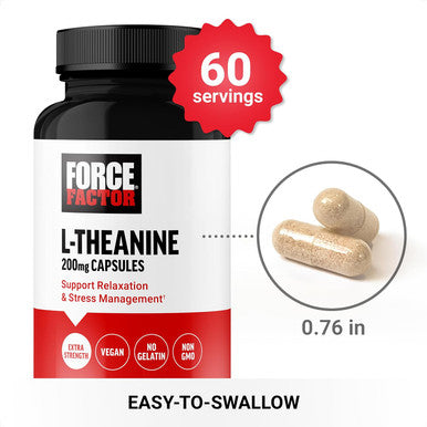 Force Factor L Theanine Extra Strength L-Theanine Supplement for Stress Relief and Supporting Calm and Relaxation L Theanine 200mg Capsules Vegan Non-GMO No Gelatin 60 Vegetable Capsules