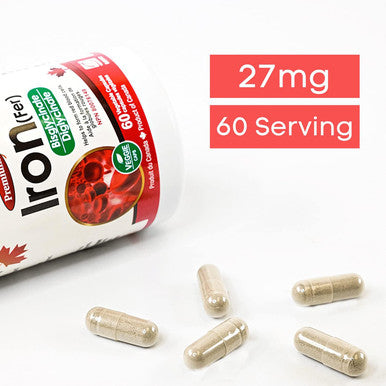 Nutridom Iron (Fer) Bisglycinate 27mg, 60 Vegan capsules, Chelated Supplement Pills for Women and men, Made In Canada