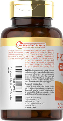 Carlyle Prebiotic & Probiotic | 25 Billion CFU | 60 Capsules | for Women & Men | Powder Pills | Vegetarian Non-GMO & Gluten Supplement