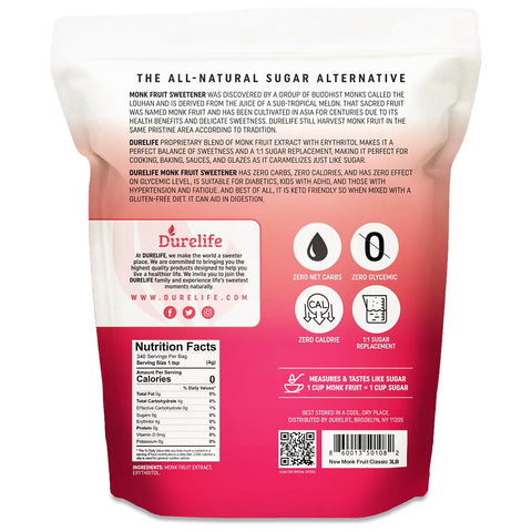 Durelife Golden Monk Fruit Sweetener, 1:1 Sugar Replacement, Keto Diet Friendly, Zero Calorie, Kosher Sugar Substitute, Golden - 10 lb Bulk Size