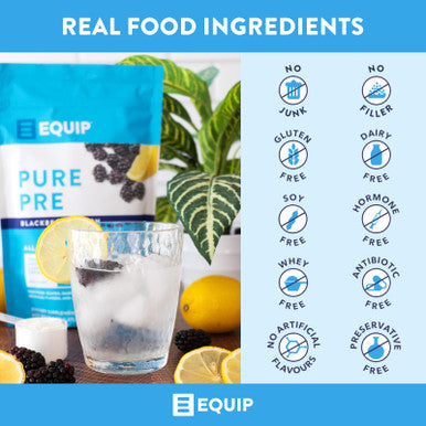 Equip Foods Pure Pre All Natural Pre-Workout Powder | Green Tea Caffeine Sea Salt EAA Vitamin C B6 B12 L-carnitine Agnine | Naturally Boosts Workouts | 30 Servings BlackBerry Lemon Caffeinated