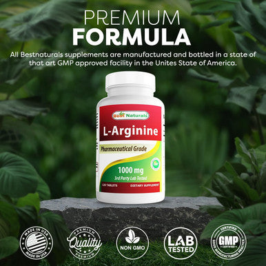 Best Naturals ( Improved Formula) L-Arginine 1000 mg 120 Tablets - Pharmaceutical Grade L Arginine supplement promotes nitric oxide synthesis