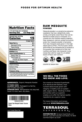 Terrasoul Superfoods Organic Mesquite Powder 16 Oz Baking Ingredient Nutrient-Packed Smoothie Booster BBQ Marinade Enhancer Coffee Flavor Enhancer