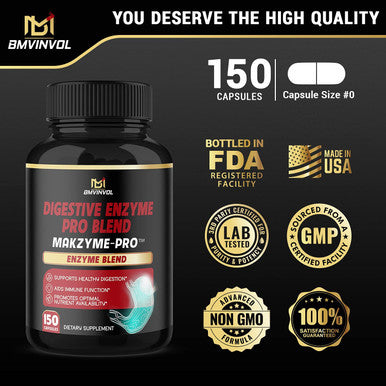 Digestive Enzymes with Prebiotics Probiotics Supplement 150 Capsules Bottled in USA Supports Healthy Digestion Immune System Health and Nutrition Absorption