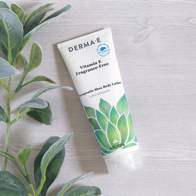 DERMA E Vitamin E Fragrance Free Therapeutic Shea Body Lotion Natural Moisturizer for Sensitive Skin Unscented Soothing Moisturizing Cream, 8 oz