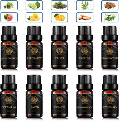Aromatherapy Lemon Essential Oil Set for Diffuser, 100% Pure Orange Essential Oil Kit for Humidifier, 10x10ml Therapeutic Grade Essential Oils Set-Juniper Berry, Cedar, Cypress, Geranium,Rosemary Oil