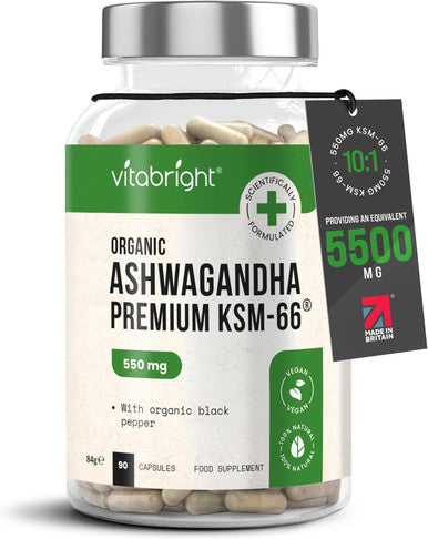 Vitabright Organic Ashwagandha KSM 66 5500mg Ashwagandha High Strength - Ashwaganda KSM66 5% Withanolides 90 Vegan Capsules (3 Months) Pure Ashwagandha Root Powder Capsules (not Ashwagandha Tablets) VitaBright