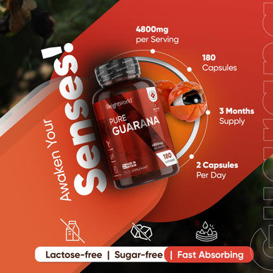 Weightworld Caffeine Supplement with No Jitter - 4X More Caffeine Than Coffee - 180 Guarana Capsules (3 Months Supply) - Vegan & Natural Caffeine Pills with No After Effects - Guarana Tablets Alternative