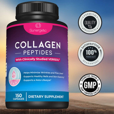 Sunergetic Premium Collagen Peptides Capsules ÃƒÂ¢Ã¢â€šÂ¬Ã¢â‚¬Å“ 2500 mg of VERISOL Collagen Peptides Type 1 & Type 3 ÃƒÂ¢Ã¢â€šÂ¬Ã¢â‚¬Å“ Multi Collagen Supplement to Support Joint Health Hair Skin & Nails ÃƒÂ¢Ã¢â€šÂ¬Ã¢â‚¬Å“ 150 Collagen Capsules