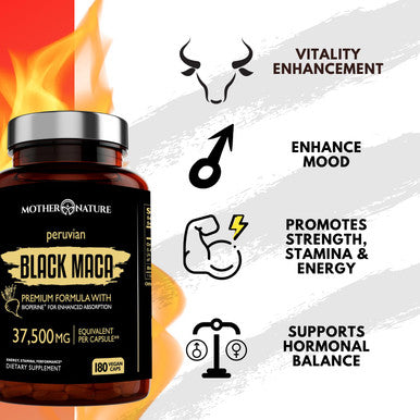 Mother Nature Organics Superfoods for Organic Living Organic Black Maca Root Extract Highest Potency 50:1, 37,500Mg, 6 Month Supply, Boost Stamina, Performance, Energy, Muscle Gain & Workout, Peruvian Maca Pills W/Bioperine & Non-Gmo