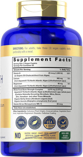Bone Strength Algae Supplement | 250 Vegan Caplets | Plant-Based Calcium with Vitamin K2, D3, Magnesium | Non-GMO, & Gluten Free | by Carlyle