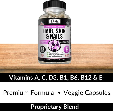Kaya Naturals Hair Skin Nail Capsules BIOTIN Vitamin D Vitamin B12 A Folic Acid Support Hair Support Vitamin Supplement 180 Count
