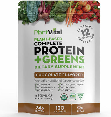 Plantvital Vegan Protein Powder Plant Based, Organic Protein Powder Chocolate, 24G/0G Sugar, 12 Superfoods, Veggies, Probiotics, Raw Cocoa, Kale, Beets, Spirulina, Pea, Gluten-, Keto-Friendly,16Oz