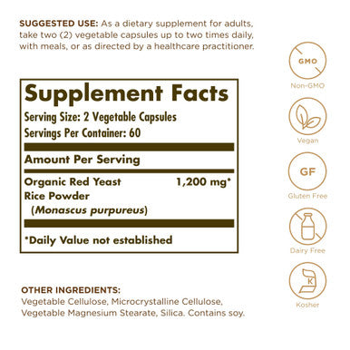 Solgar Red Yeast Rice 600 Mg - 120 Vegetable Capsules - Non-Gmo Vegan Gluten & Dairy Free Kosher - 60 Servings