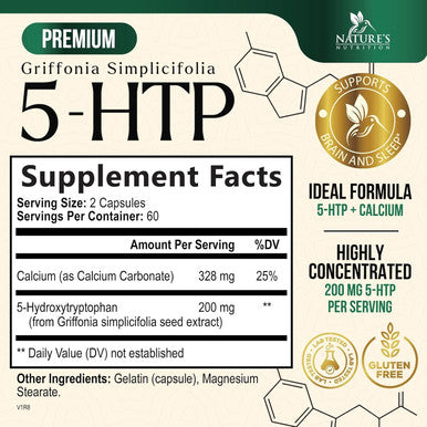 Nature'S Nutrition 5 HTP Supplement Vegetarian Capsules 200mg 5HTP Plus Calcium for Brain Support - Extra Strength Griffonia Simplicifolia 5-HTP Formula - 5 Hydroxytryptophan - Gluten & Non-GMO - 120 Capsules