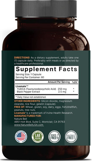 TUDCA 250mg with Black Pepper Extract 60 Capsules High Absorption Bitter Taste Livamate Bile Salts TUDCA Promotes Liver Cleanse Detox Repair Third Party Tested by Naturebell