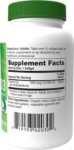 Health Thru Nutrition Vitamin D3 Softgels 10000iu Pack of 360