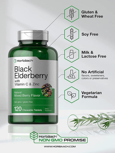 Elderberry, Zinc, Vitamin C Chewable Tablets | 120 Count | Immune Support Complex | Vegetarian, Non-GMO, and Gluten Free | by Horbaach