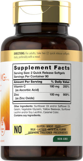 Carlyle Zinc 100Mg With Vitamin C | 180 Softgels | Non-Gmo, Gluten Free Supplement