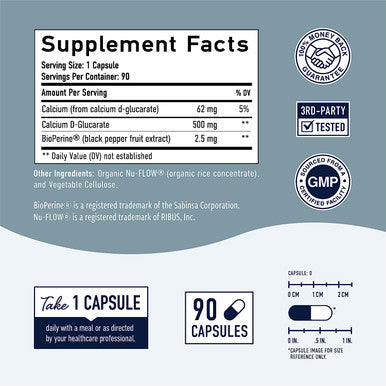Calcium D-Glucarate 500mg 90 Vegetarian Capsules (3-Month Supply) CDG for Liver Detox & Cleanse, Weight Loss, Prostate, Metabolism, Menopause.* Non-GMO, Gluten-Free, Keto-Friendly