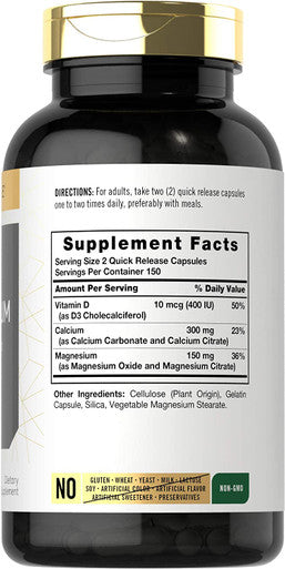Calcium Magnesium Citrate with Vitamin D3 | 300 Capsules | Non-GMO & Gluten Free Supplement | by Carlyle