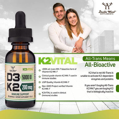 Vitamin D3 K2 Liquid Drops 5000 IU of D3 and 200mcg of 99.9 AllTrans Patented K2 MK7 K2Vital Max Absorption Immune Support for Kids and Adults 30 Servings by Double Wood Supplements