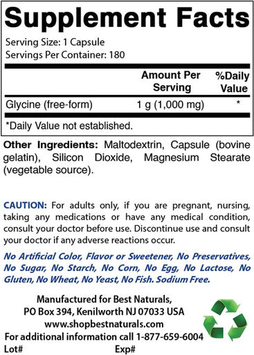 Best Naturals Glycine Supplement 1000 Mg For Energy Production 180Count