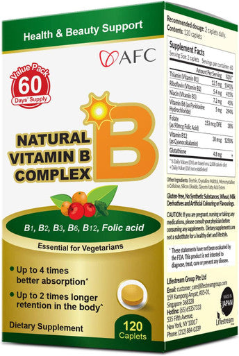 AFC Japan Vitamin B Complex with B1, B2, B3, B6, B12, Folic & Glutathione Yeast Extract, No Synthetics, Non-GMO, Supplement for , Energy, Immune & Nervous System,120 Vegan Caplets