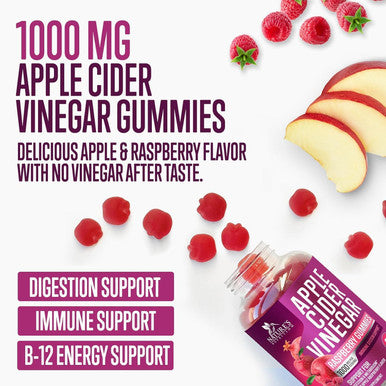 Nature'S Nutrition Vegan Apple Cider Vinegar Gummies 1000mg for Detox & Cleanse ACV Gummy Vitamin B12 for Digestion Metabolism & Immune Health Support Natural Apple Raspberry Flavor Gluten - 120 Gummies