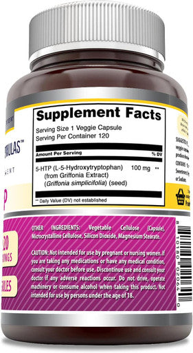 Amazing Nutrition Formulas 5-HTP (Hydroxytryptophan) Supplement | 100 Mg Per Serving | Veggie Capsules | Non-GMO | Gluten | Made in USA (1 Pack 120 Count)