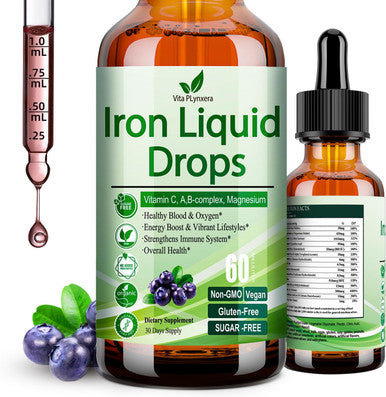 Liquid Iron Supplement For Women Men & Kids, Vegan Iron Drops With Vitamin C D, B12, B-Complex, High Potency Liquid Iron With Multivitamin For Anemia, Energy Support, Blood, Magnesium Iron Gentle