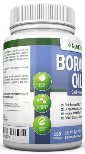 NutriONN Borage Oil - 1000 mg - 180 Softgels - Cold Pressed High GLA Borage Seed Oil - Hexane and PA Free - Great for Skin, Hair, Joints and Bones.