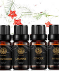 Aromatherapy Sandalwood Essential Oil Set for Diffuser, 100% Pure Jasmine Essential Oil Kit for Humidifier, 4x10ml Therapeutic Grade Myrrh Oil Set-Sandalwood Jasmine Myrrh Ginger Oil, Pure Ginger Oil