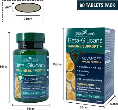 Natures Aid Beta-Glucans Immune Support + 90 Tablets (Award-winning Formula with Beta Glucans (1,3/1,6) Elderberry Vitamin D3 and Odour-controlled Garlic Vegan Society Approved Made in the UK)