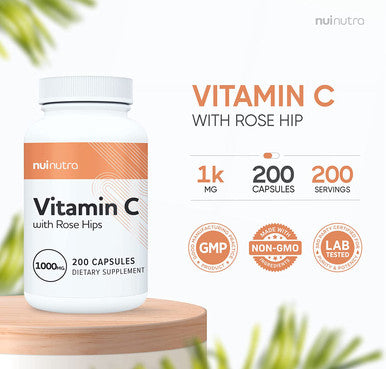Nui Nutra Vitamin C with Rose Hips Supplement | 1000mg | 200 Capsules | Promotes Healthy Heart & Skin | Supports Immune System Strength | Antioxidant Protection