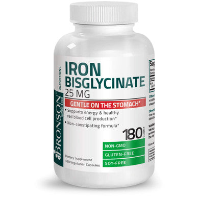Bronson Iron Bisglycinate 25 mg Gentle on The Stomach, Supports Energy & Healthy Red Cell Production - Non-Constipating Formula - Non GMO, 180 Vegetarian Capsules