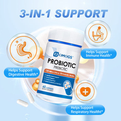 OMOGS Probiotics 120 Billion CFUs 18 Strains 3 Prebiotics and Digestive Enzymes Helps Digestive Gut Health Immune Supports Occasional Constipation Diarrhea and Gas for Women and Men 60 Capsules