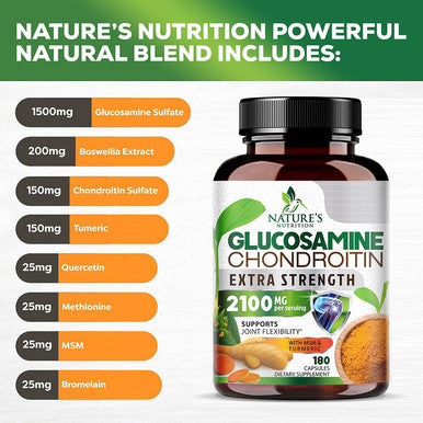 Glucosamine Chondroitin MSM Turmeric Boswellia 2100mg - Max Strength Joint Comfort Support - Dietary Supplement with Bromelain, Supports Healthy Joint Structure, Function & Comfort - 180 Capsules